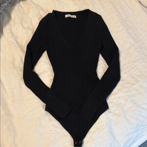 A&F Black Ribbed Long Sleeve V Neck Bodysuit